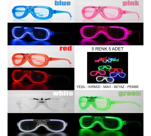 Glow Model Led Işıklı Parti Gözlüğü 3 Modlu 5 Renk 5 Adet