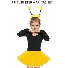 Gösteriler İçin Sarı Arı Tütü Etek ve Sarı Ponponlu Arı Taç Seti