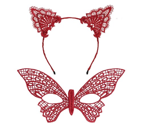 Gösterişli Kırmızı Dantel Maske ve Taç Seti 7 No – Masquerade ve Davetler için