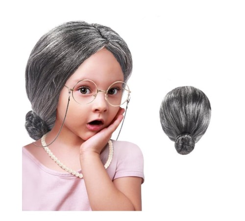 Gri Renk Yaşlı Peruğu Takma Saç Büyükanne Peruğu Yetişkin Çocuk Uyumlu