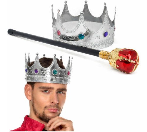 Gümüş Kral Tacı Kraliyet Tacı 60 cm ve Kırmızı Topuzlu Kral Asası Seti