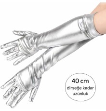 Gümüş Renk Dirsek Altı Lüks Saten Eldiven 40 cm