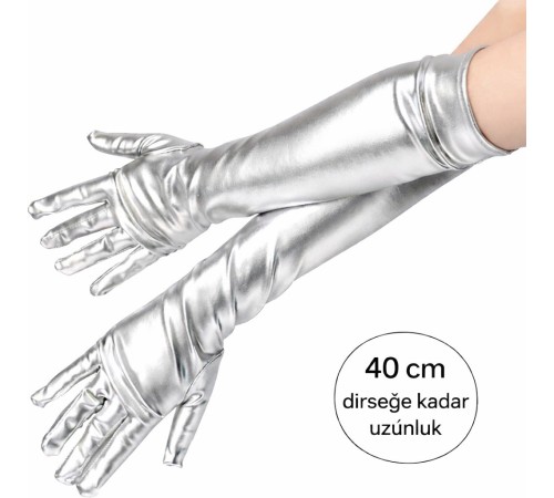 Gümüş Renk Dirsek Altı Lüks Saten Eldiven 40 cm
