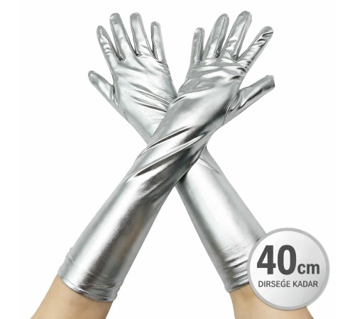 Gümüş Renk Dirsek Altı Lüks Saten Eldiven 40 cm