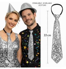 Gümüş Renk Pul Payetli Işıltılı Parti Kravatı 33 cm