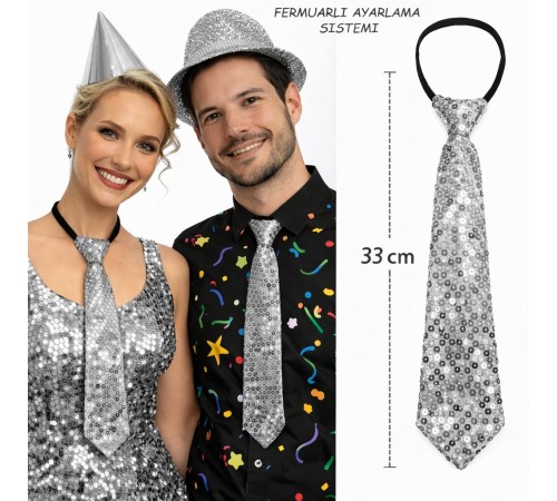 Gümüş Renk Pul Payetli Işıltılı Parti Kravatı 33 cm