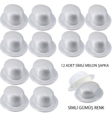 Gümüş Renk Simli Melon Yuvarlak Parti Şapkası 12 Adet