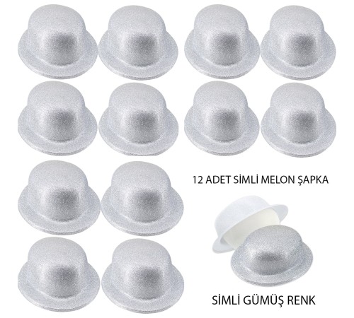 Gümüş Renk Simli Melon Yuvarlak Parti Şapkası 12 Adet