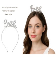 Gümüş Renkli Taşlı “Bride” Gelin Tacı – El Yazısı Yazı Tipiyle