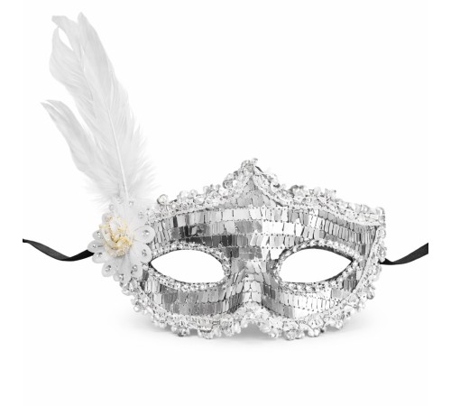 Gümüş Tüylü Payetli Lüks Taşlı Parti Maskesi