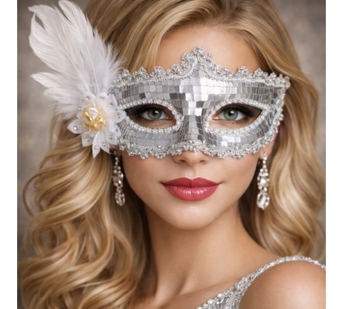 Gümüş Tüylü Payetli Lüks Taşlı Parti Maskesi