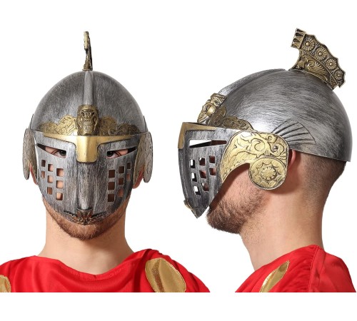 Gümüş Üzeri Altın Renk Oynar Başlıklı Romalı Bizans Kaskı Miğferi 25x20 cm