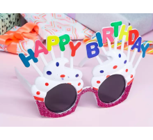 Happy Birthday Yazılı Beyaz Fuşya Renk Beyaz Pastalı Parti Gözlüğü 12x7 cm