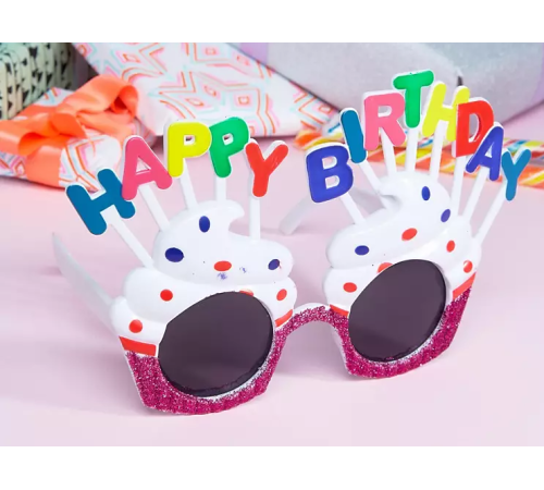 Happy Birthday Yazılı Beyaz Fuşya Renk Parti Gözlüğü 12x7 cm