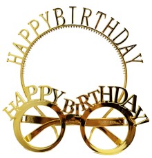 Happy Birthday Yazılı Taç ve Happy Birthday Yazılı Gözlük Seti Altın Renk
