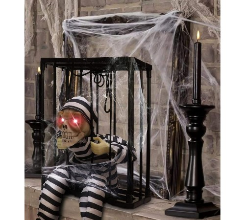 Hareketli Sesli Sensörlü Mahkum Görünümlü Kuru Kafa İskelet Dekorasyon 22x27 cm