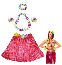 Hawaii Dans Kostümü – Kırmızı Hula Etek & Çiçek Kolye Seti