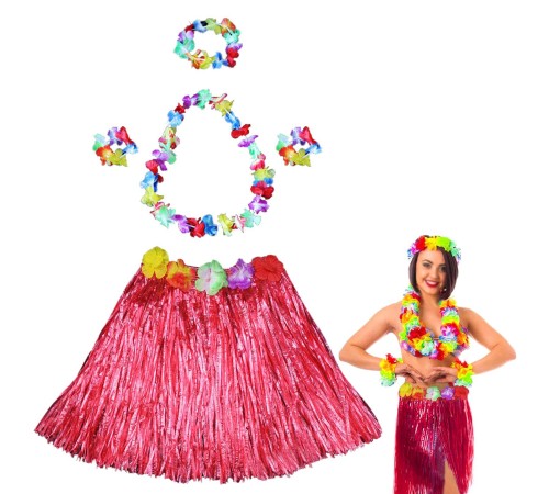 Hawaii Dans Kostümü – Kırmızı Hula Etek & Çiçek Kolye Seti