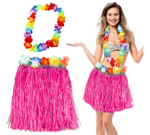 Hawaii Luau Aloha Pembe Püsküllü 40 cm Etek ve Hawaii Kolye Seti