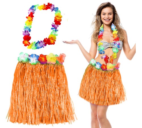 Hawaii Luau Aloha Turuncu Püsküllü 40 cm Etek ve Hawaii Kolye Seti