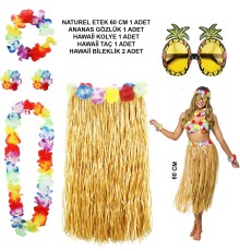 Hawaii Parti Kostüm Seti - 60 cm Hasır Etek, Çiçekli Aksesuarlar ve Ananas Gözlük
