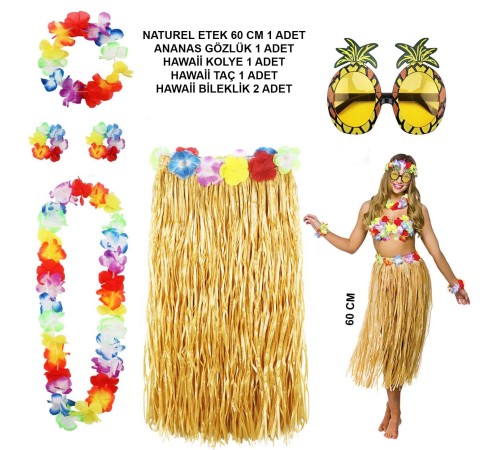 Hawaii Parti Kostüm Seti - 60 cm Hasır Etek, Çiçekli Aksesuarlar ve Ananas Gözlük