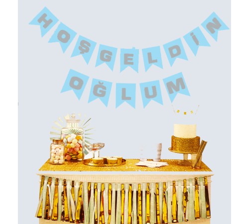 Hoşgeldin Oğlum Mavi Üzeri Gümüş Yeni Doğan Bebek Doğum Süsü Afiş Bayrak Flama 2.2 Metre