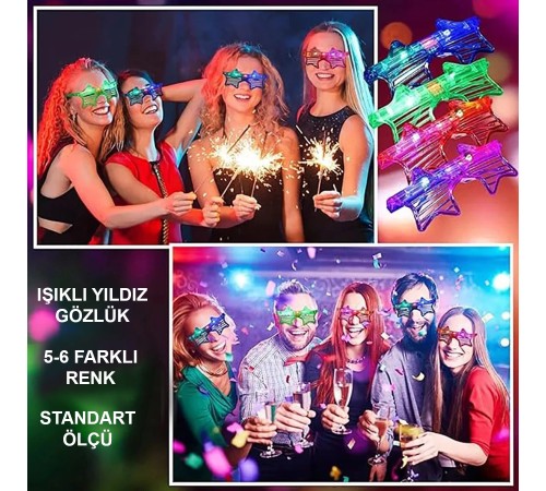 Işıklı Yıldız Gözlük Ledli Parti Gözlüğü 6 Renk 12 Adet