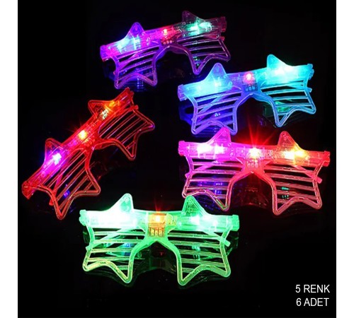 Işıklı Yıldız Şekilli Led Parti Gözlüğü 5 Renk 6’lı Set