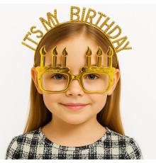 İt's My Birthday Yazılı Taç ve Mum Şekilli Gözlük Seti Altın Renk