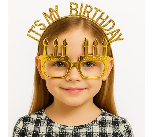 İt's My Birthday Yazılı Taç ve Mum Şekilli Gözlük Seti Altın Renk