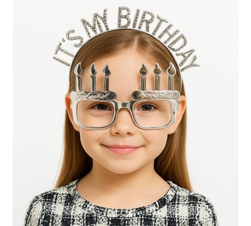 İt's My Birthday Yazılı Taç ve Mum Şekilli Gözlük Seti Gümüş Renk