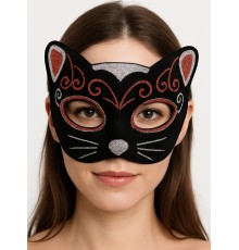 Kadife Dokulu Sim Detaylı Işıltılı Kedi Maskesi Kırmızı Gümüş 20x13 cm