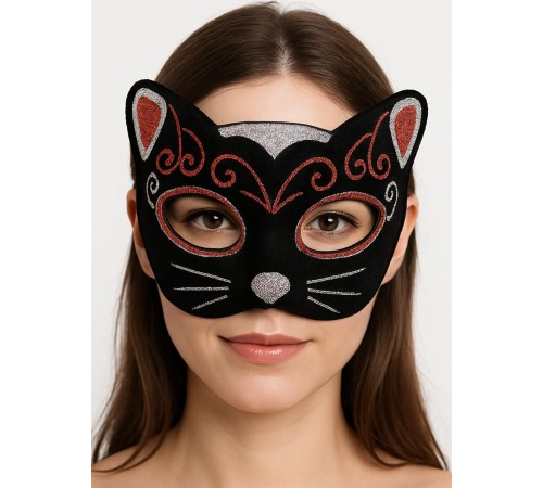 Kadife Dokulu Sim Detaylı Işıltılı Kedi Maskesi Kırmızı Gümüş 20x13 cm