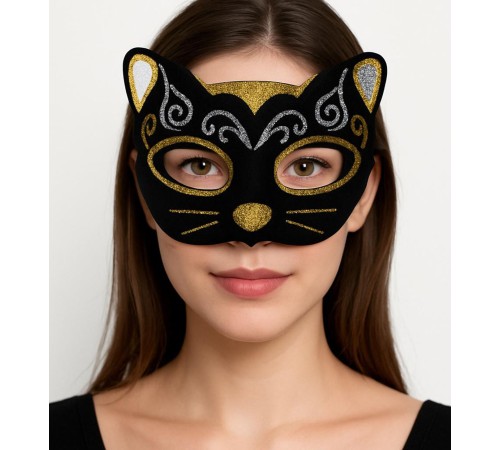 Kadife Dokulu Sim Detaylı Işıltılı Kedi Maskesi Altın Gümüş 20x13 cm