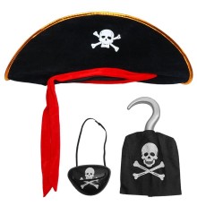 Kadife Kaptan Jack Korsan Şapkası Korsan Eli ve Korsan Göz Maskesi Çocuk Boy