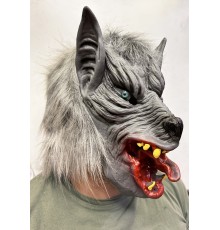 Kafaya Tam Geçmeli Lateks Dil Çıkaran Mavi Gözlü Kurt Maskesi