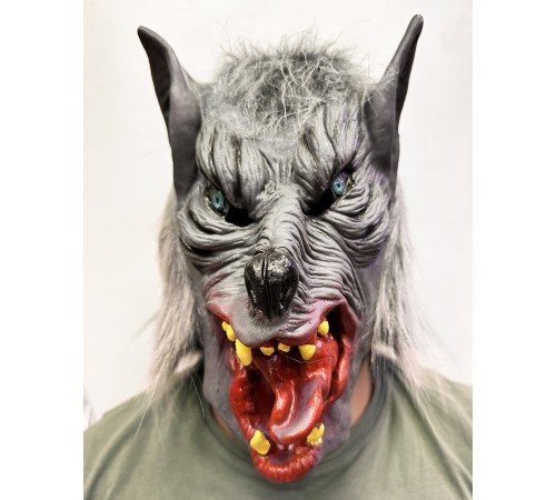 Kafaya Tam Geçmeli Lateks Dil Çıkaran Mavi Gözlü Kurt Maskesi