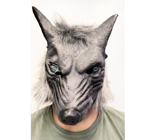 Kafaya Tam Geçmeli Lateks Mavi Gözlü Dişli Ağzı Açık Kurt Maskesi