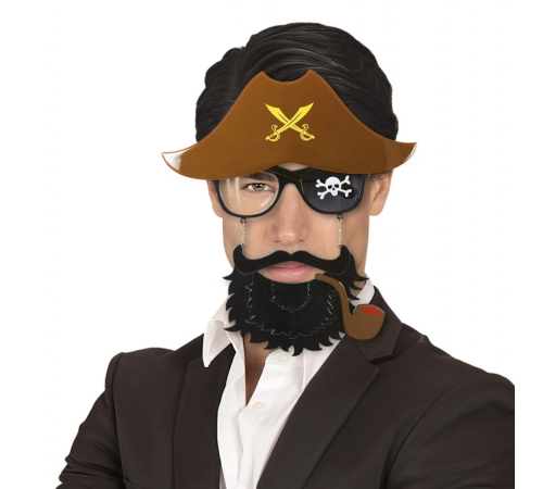 Kahve Renk Şapkalı Siyah Sakallı Pipolu Jack Sparrow Denizci Korsan Gözlüğü 24x25 cm