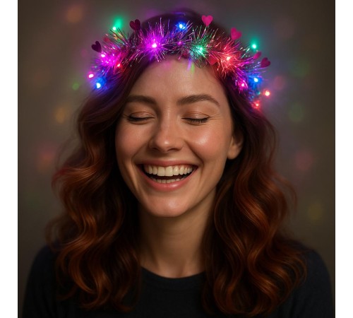 Kalp Püsküllü Gece Parıltısı 3 Modlu LED'li Işıklı Taç Fuşya Renk