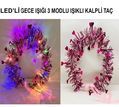 Kalp Püsküllü Gece Parıltısı 3 Modlu LED'li Işıklı Taç Fuşya Renk