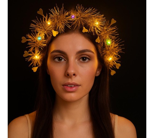 Kalp Püsküllü Gece Parıltısı 3 Modlu LED'li Işıklı Taç Altın Renk
