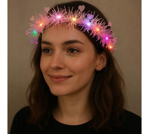 Kalp Püsküllü Gece Parıltısı 3 Modlu LED'li Işıklı Taç Pembe Renk