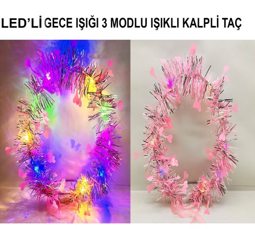 Kalp Püsküllü Gece Parıltısı 3 Modlu LED'li Işıklı Taç Pembe Renk