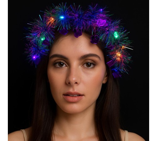 Kalp Püsküllü Gece Parıltısı 3 Modlu LED'li Işıklı Taç Mor Renk