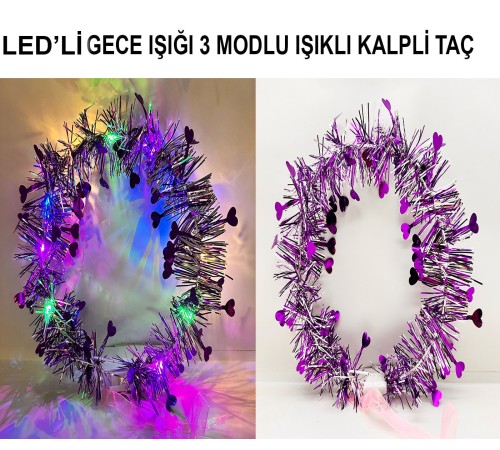 Kalp Püsküllü Gece Parıltısı 3 Modlu LED'li Işıklı Taç Mor Renk