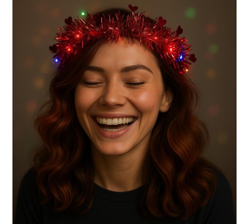 Kalp Püsküllü Gece Parıltısı 3 Modlu LED'li Işıklı Taç Kırmızı Renk