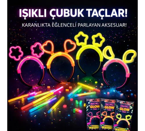 Karanlıkta Parlayan Glow Taç Seti 12 Adet – Yıldız Kalp Ay Çiçek (Her Model 3 Adet)