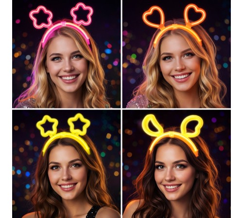 Karanlıkta Parlayan Glow Taç Seti 12 Adet – Yıldız Kalp Ay Çiçek (Her Model 3 Adet)